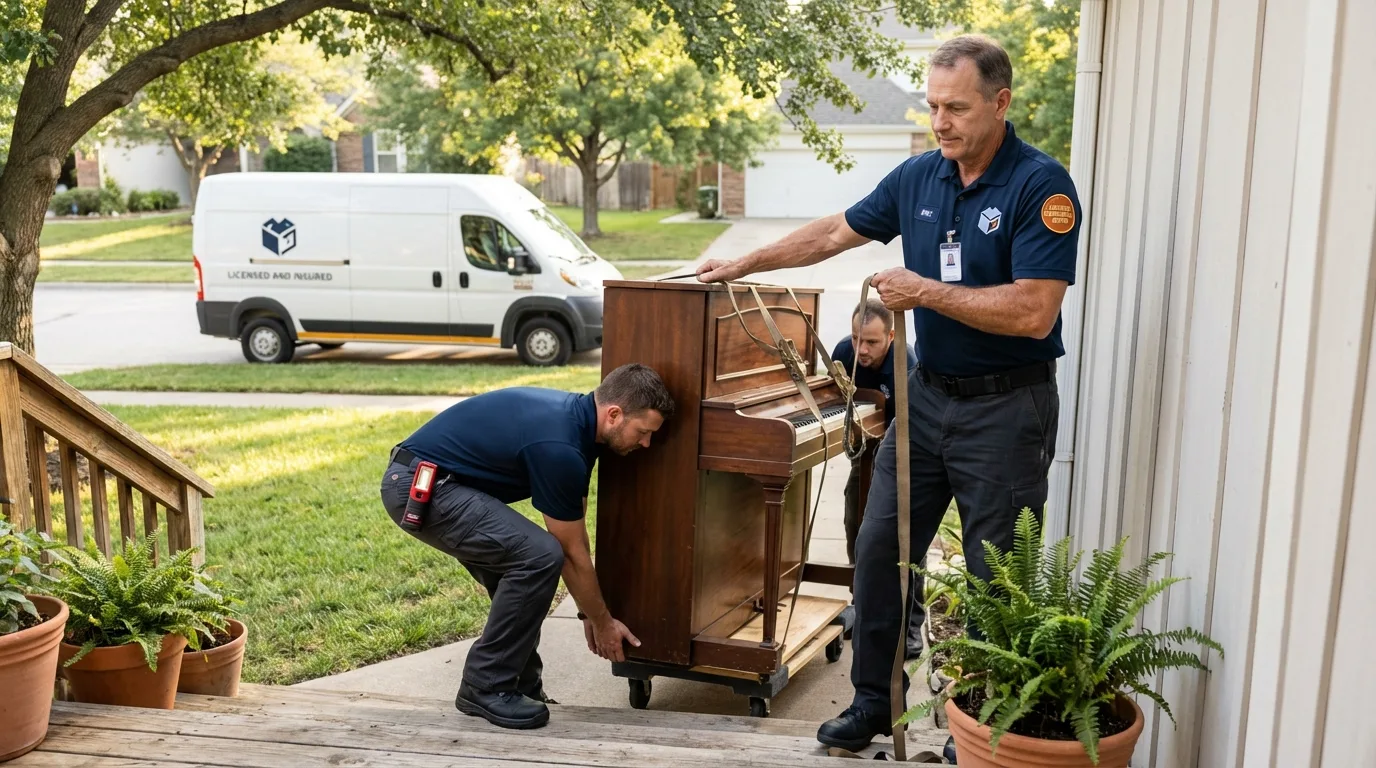 Licensed piano movers securing grand piano in Florence, KY